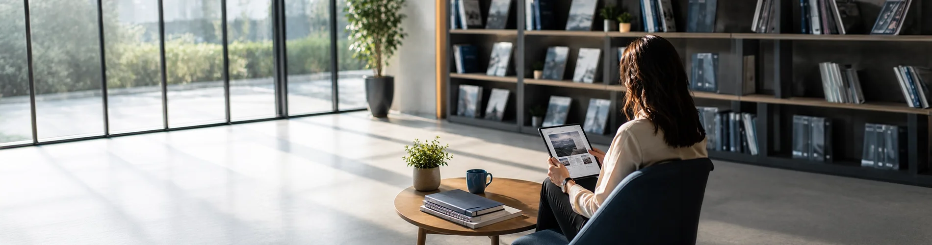 Persona leyendo artículos y contenidos especializados sobre empresa, financiación y crecimiento empresarial en formato digital