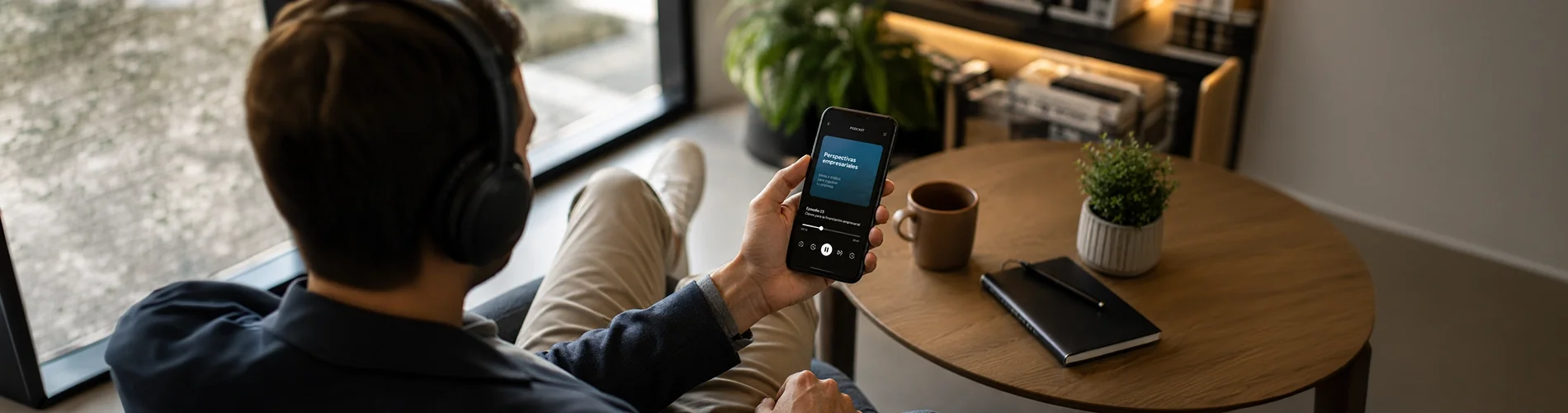 Persona escuchando un podcast sobre empresa y financiación desde un dispositivo móvil