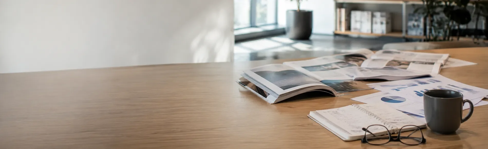 Revistas e informes empresariales sobre una mesa de trabajo en un entorno de oficina moderno