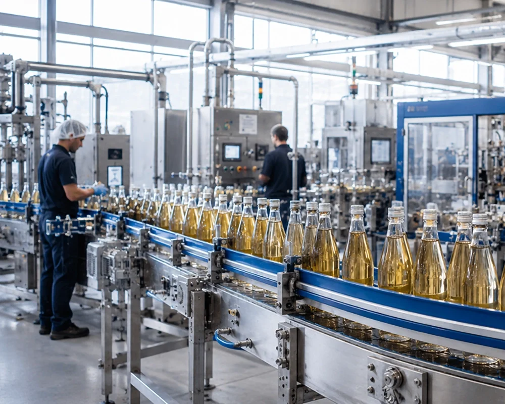 Línea de producción automatizada en una industria alimentaria impulsando la modernización empresarial.