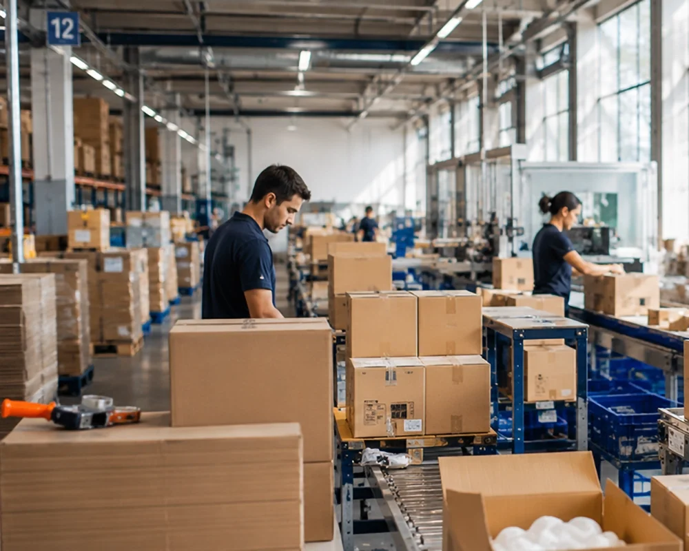 Operarios preparando pedidos en un almacén logístico para mejorar la operativa de una empresa.