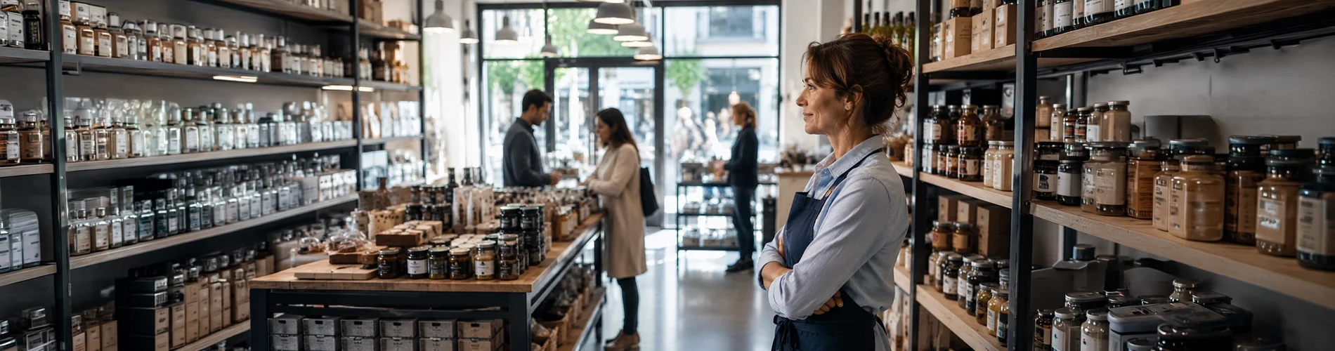 Propietaria de un comercio gourmet observando la actividad de su negocio mientras atiende a clientes en un entorno de crecimiento empresarial