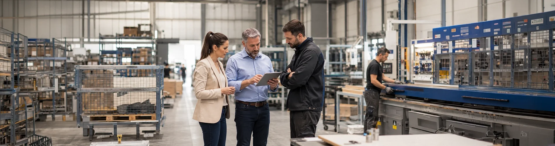 Equipo directivo y técnico supervisando la actividad de una empresa industrial en funcionamiento