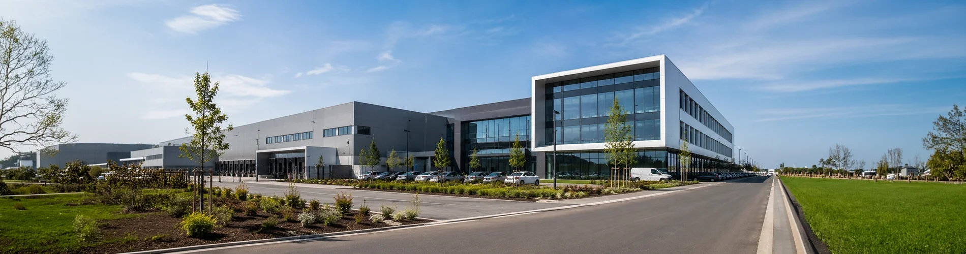 Instalaciones empresariales modernas que representan inversión, crecimiento y financiación empresarial