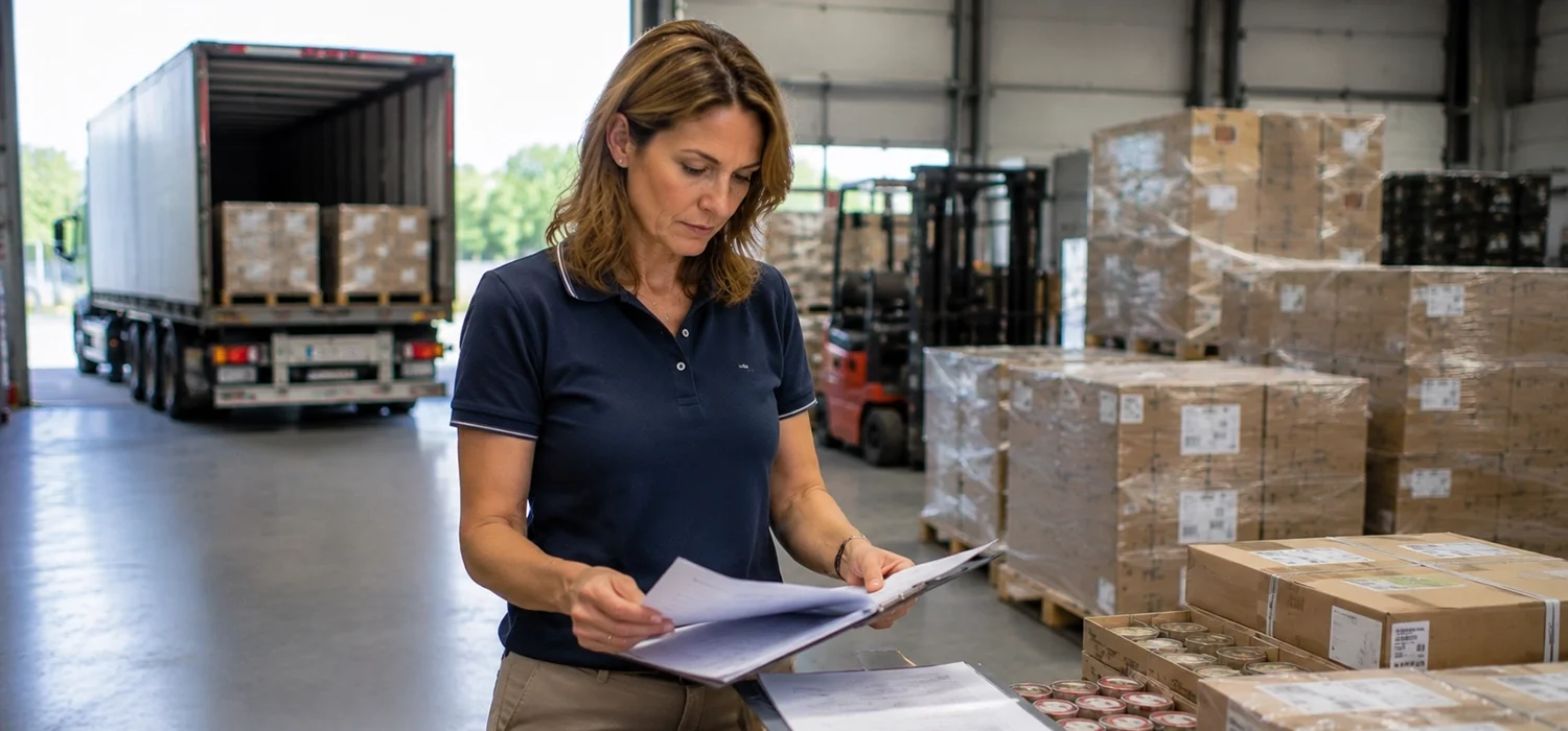 Responsable de logística revisando documentación de exportación en un almacén con mercancía preparada para transporte internacional