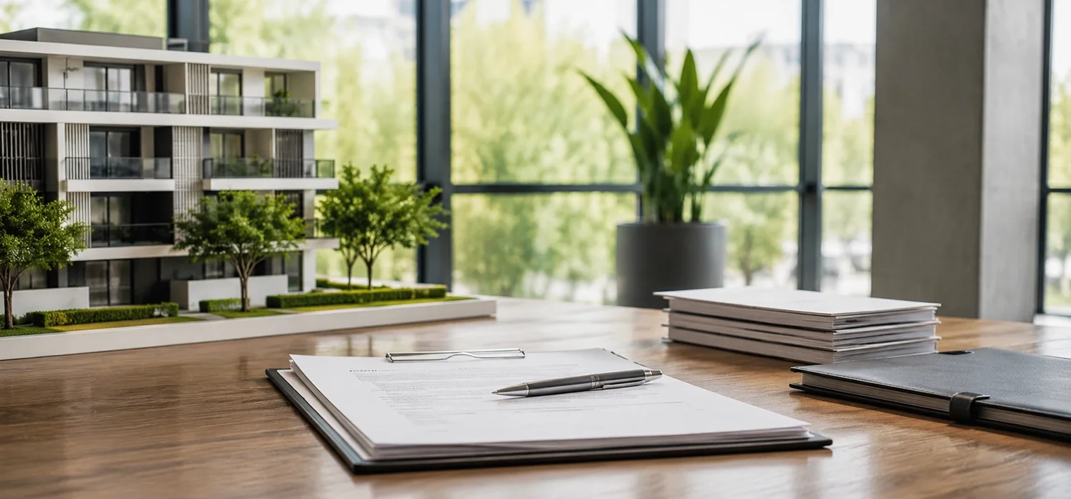 Documentación contractual junto a una maqueta inmobiliaria representando una garantía económica empresarial
