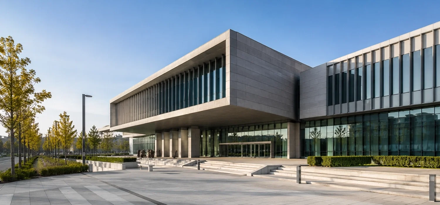 Edificio institucional moderno representando garantías y avales ante administraciones públicas
