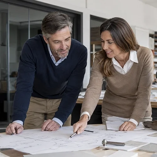 Empresario y asesora financiera analizando la viabilidad de un proyecto empresarial