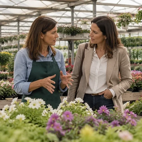 Asesora financiera visitando un vivero y acompañando a una empresaria durante el proceso de financiación