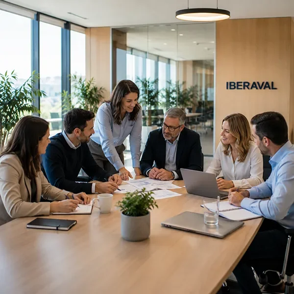 Equipo de profesionales de Iberaval colaborando en una reunión de trabajo en la oficina