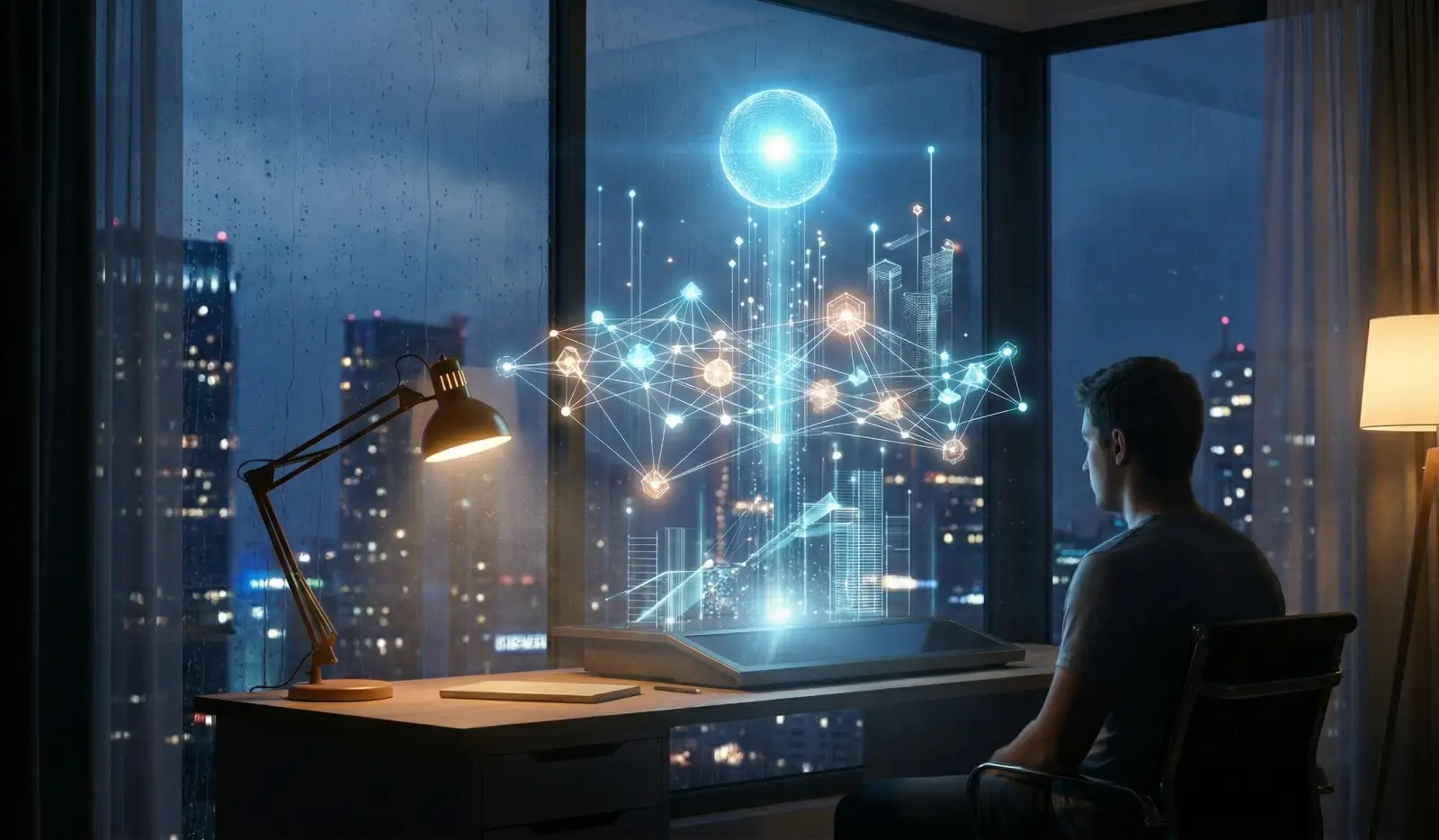 Imagen futurista de un hombre ante un equipo informático y un fondo oscuro y sombrío