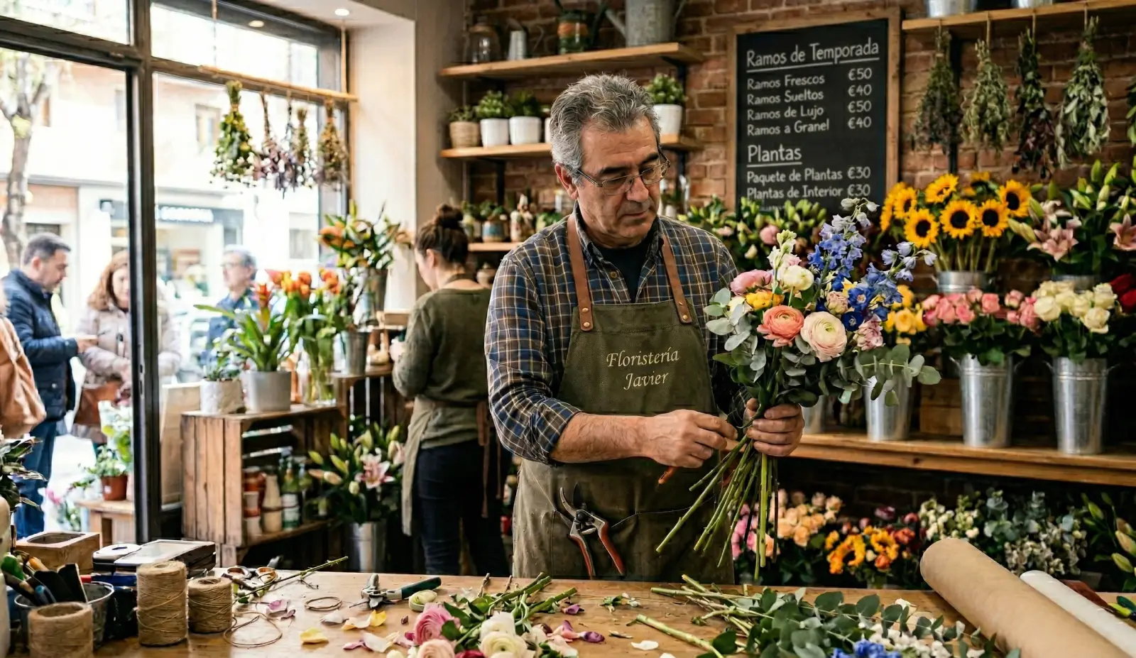 Javier, en su floristería, ordenando un ramo, pensando en que ha de cumplir con la tributación trimestral